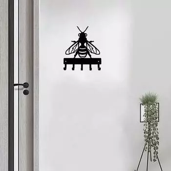 Honey Bee Key Rack Hanger - 6 inch Wide Metal Wall Art, Decorative Iron Hook Organizer for Keys and Accessories M светло-серый