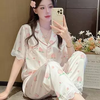 Honey Peach Print Lace Ins Style Pajamas Women Three-piece Set Classy Sweet Cute Lady Lounge Spring Homewear L