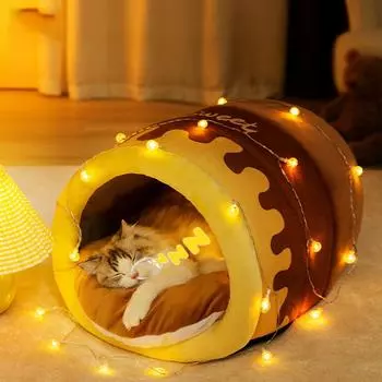 Honeypot Кошачье гнездо Осень и зима Закрытое кошачье гнездо Сохранение тепла зимой Убежище для сна Кошачья кровать Гнездо для домашних животных S :35*32*25cm