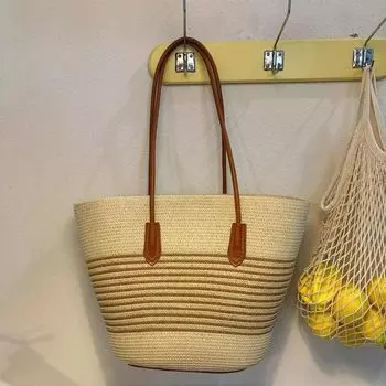 Hong Kong Fon & Ck Large Capacity Straw Bag Women 2025 New Tote Bag Vacation Portable Beach Bag Shoulder Bag M stripe width 42cm height 28cm thickness 13cm