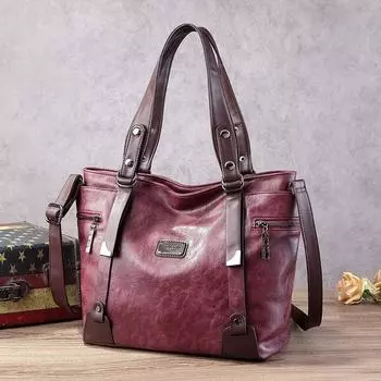 Hong Kong Full Leather Genuine Leather Soft Leather Tote Bag Female 2025 Fat Donglai Retro Handbag Fashion One Shoulder Big Crossbody Bag Burgundy