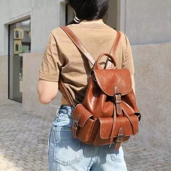 Hong Kong Genuine Backpack 2025 New Arrival Multi-Pocket Backpack Pull-Belt Closed Flap K-style Cattle Leather Bag Women s Bag Brown