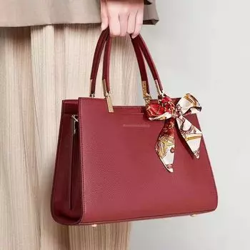 Hong Kong Genuine Leather Middle-Aged Women Tote Handbag Wine red (silk scarf + crossbody Belt)