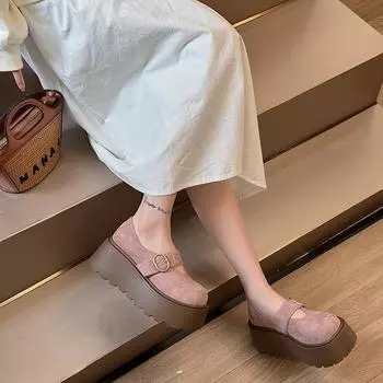 Hong Kong leather thick-soled heightening women s spring new one-pedal small Mary Jane single shoes 35