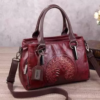 Hong Kong New Chinese Style 2025 Boston New Arrival Women s Retro Large Capacity Fashion Genuine Leather Shoulder Messenger Bag Women s Bag Burgundy(Official Brand genuine goods Guarantee])
