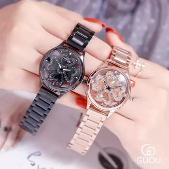 Гонконг Новые женские часы со стальным ремешком в форме сердца со стразами Водонепроницаемые кварцевые часы