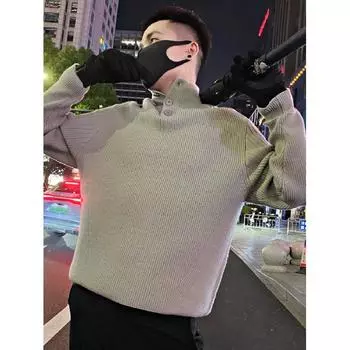 Hong Kong Style Autumn and Winter Mock Neck Sweater Men s Loose Pure Color Thickened Mid-Neck Sweater Korean Style Student Trendy Sweater M чёрный