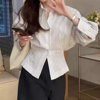 Hong Kong Style Chic Stripes Polo Collar Shirt Women s Fall and Winter New Arrival Fitted Waist Pleated Long Sleeves Shirt Chic Split Tops Stripes XL