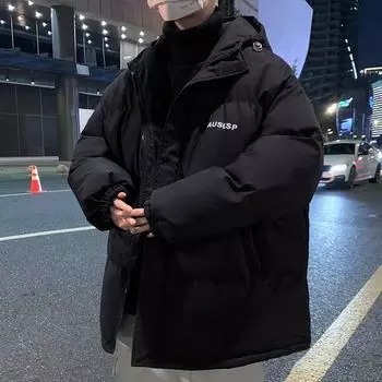 Hong Kong Style Men’s Thick Winter Stand Collar Jacket – Loose Fit, Solid Color, Printed Trendy Design 2XL чёрный