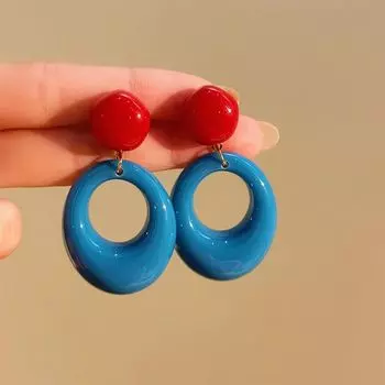 Hong Kong Style Retro Atmosphere Circle Contrast Color Earrings Women 2024 New Niche Design High Sense Ear Studs Jewelry Fashion Blue M