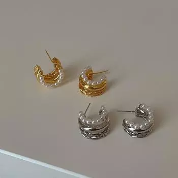 Hong Kong Style Retro Pearl Multi-Layer Metal Stud Earrings Women S Personality Light Luxury Fashion Temperament Trend Versatile Earrings Earrings