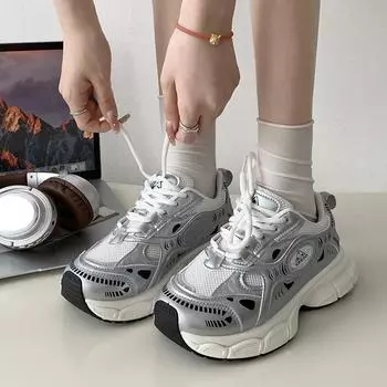 Hong Kong style versatile height increase shows feet small platform dad shoes women s 2025 new autumn and winter lightweight retro sports shoes 35 серый