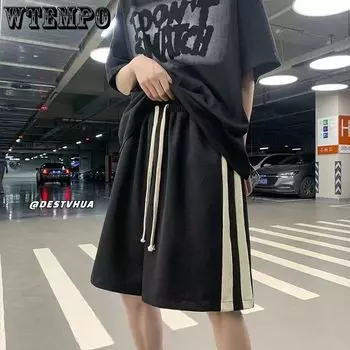 Hong Kong Style Waffle Grid Patchwork Shorts for Men Summer Five Quarter Pants Loose Sports Casual Pants M