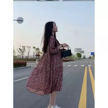 Hong Kong Summer New Arrival French Tea Break Drawstring Waist Chiffon Floral Long Dress Super Fairy Seaside Holiday Dress Women Fuchsia S (recommended 40.00 kg-49.50 kg
