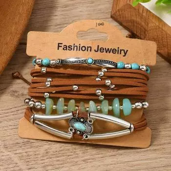 Hongmei Leaf Multi-layer Beaded Leather Bracelet Brown Cowhide Stainless Steel Buckle Men s and Women s Fashion Leaf Bracelet разноцветный