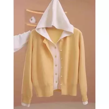 Hood Fake Two Pieces Knit Women s Spring New Plus size Chubby Girl Sweater Cardigan Design Slimming Long sleeve Top Yellow S
