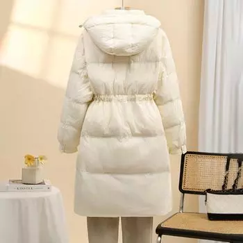 Hooded Down Jacket Women s Medium and Long 2025 New Fashion Waist Thin White Duck Down Winter Coat Tide S