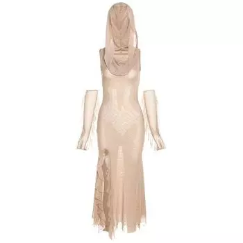 Hooded Dress Fashion Dune Waste Soil Balaclava Design Pure Color Dress Retro Sexy Split Maxi Dress Female Khaki S
