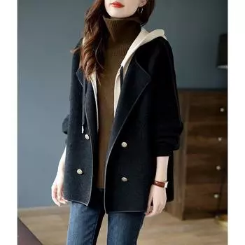 Hooded Fake Two-piece Double-breasted Knitted Jacket for Autumn Korean New Style Loose Temperament Woolen Coat for Women M