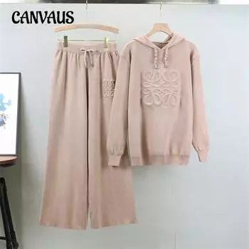 Вязаный свитер с капюшоном, женский, осенний, больших размеров, ленивый, модный, стареющий, с широкими штанинами, брючный костюм One Size чёрный