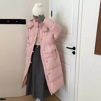 Hooded long down jacket women s 2024 winter new white duck down thickened multi-round buckle warm knee jacket S розовый