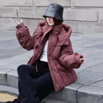 Hooded medium and long down jacket women s 2024 winter fashion thickened waist and thin horn buckle warm high-end coat One Size слоновая кость