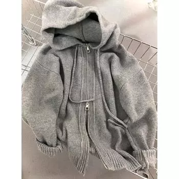 Hooded Spring & Fall Winter Knitting Double Zipper Cardigan Sweater