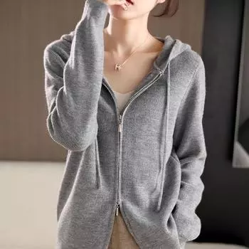 Hooded Sweater Jacket Women s Spring Autumn Winter Models Double Zipper Loose and Thin Sweater Korean Version of The Simple Temperament Top Cardigan XS