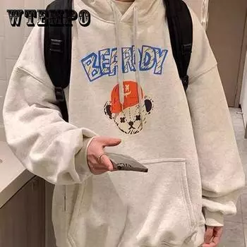 Hooded Sweater Men S Winter Plush Oversize Loose Casual Trend Versatile Sports Top M серый