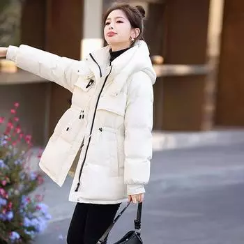 Hooded tooling waist down jacket women s 2024 winter new fashion warm horn buckle fashionable small coat S розовый