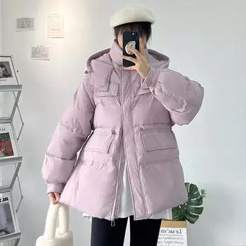 Hooded white duck down jacket women s 2024 winter new Dongmen waist tooling warm small jacket tide One Size