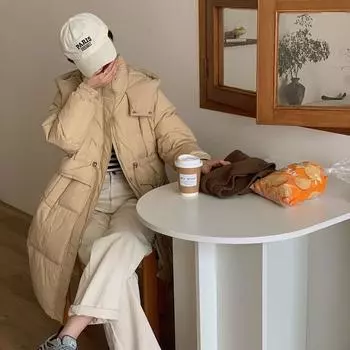 Hooded white duck down jacket women s long 2024 winter new thickened waist and thin knee warm jacket S