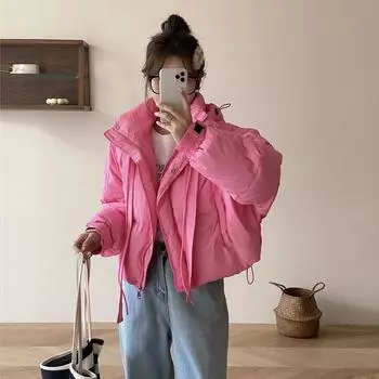 Hooded white duck down jacket women s short 2024 winter fashion design sense streamer sweet little bread jacket S чёрный