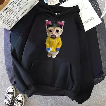 Толстовка с капюшоном EI Gato Meme Sad Crying Cat Kitty 3D Print Sweatshirt Осень Зима Ленивый Стиль Свободная толстовка с капюшоном Модная одежда Черный с капюшоном M