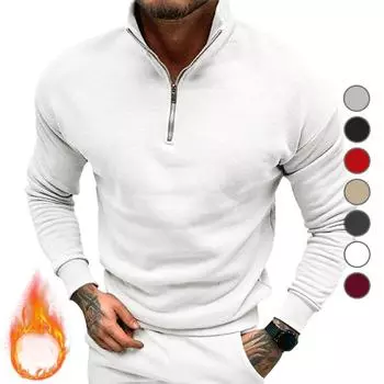 Hoodie Men s Autumn and Winter Cashmere Solid Color Long Sleeve POLO Stand Collar Solid Color Men s Coat S белый