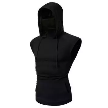 Hoodies Men Hooded T Shirt Tank Tops Pullover Vest Sports Slim Fit With Mask Top Sleeveless - Black,L
