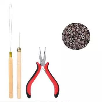 Hook Needle Hair Extensions Tools Kit Crochet Hook Pulling Needle 500pcs Micro Ring Beads Loop Threader Silicone Rings