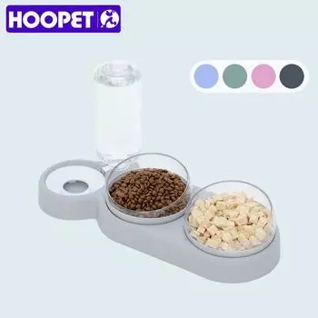 HOOPET 3 Cat Bowls Automatic Dog Feeder 15 Degree Tilted Cat Food Bowls With Water Fountain Double Bowls Raised Stand Dish Bowl Free size серый