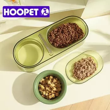 HOOPET Double Bowl Cats Dogs Food Feeder Water Drinker Raised Ceramic Dish Bowl Plastic Stand Stainless Steel Spoon Pet Supplies зелёный