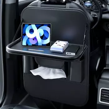 Hopeholic Car Seat Back Car Rear Seat Storage Tissue Case Folding Table Leather Easy Stain Car Large Long Black Pocket, чёрный