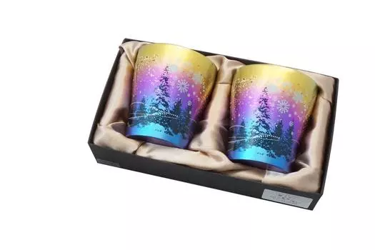 HORIE Сделано в префектуре Ниигата, двойной стакан из чистого титана, 250 куб. см, набор из 2 штук, Snow Flower Aurora T15SK250ARSET Tsubame,