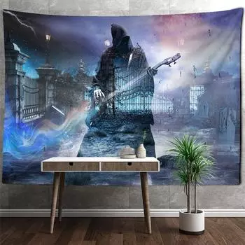 Гобелен с гитарой «Волшебник ужасов», настенный психоделический колдовской тапиз, художественный декор для общежития 95x70cm