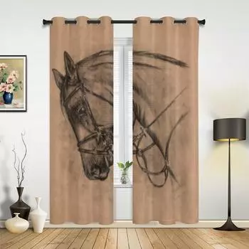 Horse Head Pencil Drawing Window Curtain For Living Room Bedroom Luxury Home Kitchen Decor Items Curtains 135W x 60H(cm)