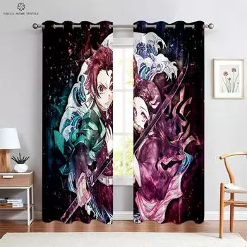 Hot-Blooded Anime Cartoon Printed Curtains, 100% Polyester, Rod Pocket Curtains, Kitchen, Living Room, Children s Room, 2 Pcs W50xH130(CM)x2PCS&Rod pocket