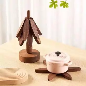 Hot Dish Wooden Tripod Decoration Foldable Tree Stand Anti-scalding Heat-resistant Table Mat Wooden Placemat Basin Kitchen Tool L
