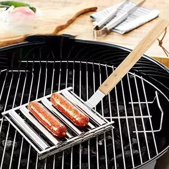 Hot Dog Roller Sausage Roller With Handle Stainless Steel Sausage Barbecue Grills Rack Removable Rolling Griller For Outdoor BBQ серебряный