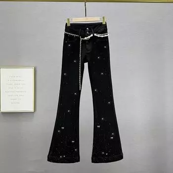 Hot Drilling Micro-Pull Jeans Women 2025 Spring New High Waist Slim fit Slimming European Goods Heavy Industry Chain Belt Lengthened Trousers Black L