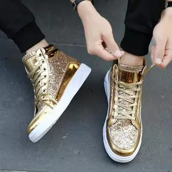 Hot Fashion Golden Shiny Mirrors Mens Shoes Casual Club Bar Glitter Streetwear Hip hop High top Men Sneakers zapatos de hombre 39 чёрный