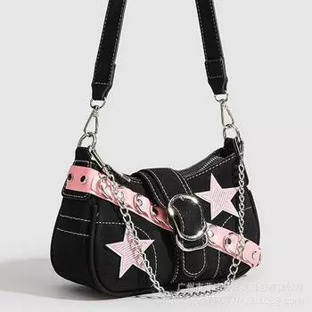 «Hot Girl High-End Pink Star Denim Patchwork Сумка через плечо с заплатками подмышкой» 23cm x 7cm x 13cm чёрный
