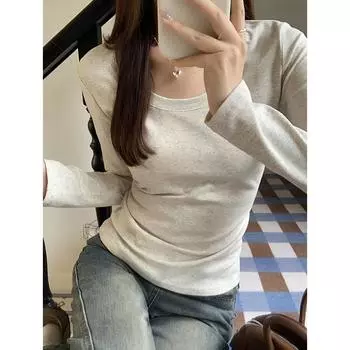 Hot Girl Round Neck Right Shoulder Slim Fit Long Sleeve T-Shirt Women s Autumn and Winter Brushed Thickened Layer Layer Bottoming Top S